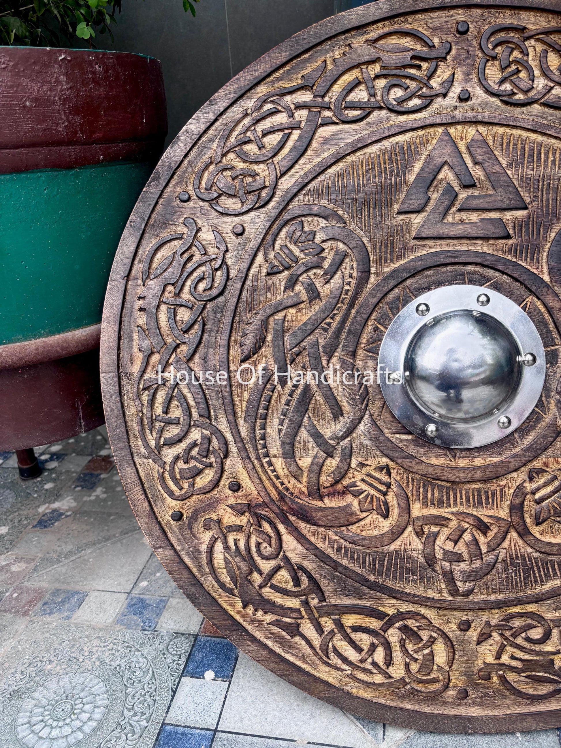 Viking Rune Weapon Replica - Handmade Viking Wooden Shield, Helm of Awe, Runes, Celtic Knots Wall