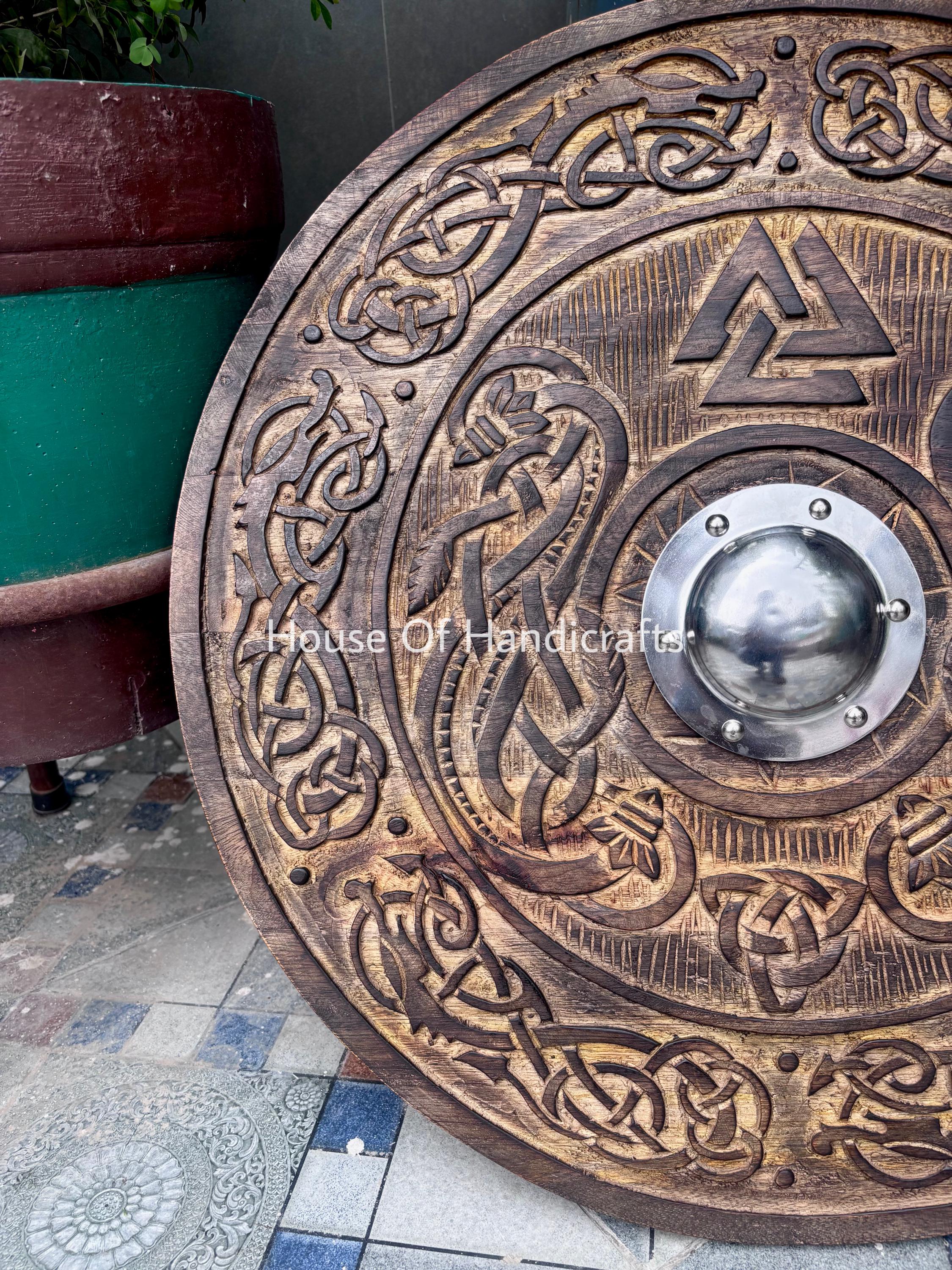 Viking Rune Weapon Replica - Handmade Viking Wooden Shield, Helm of Awe, Runes, Celtic Knots Wall