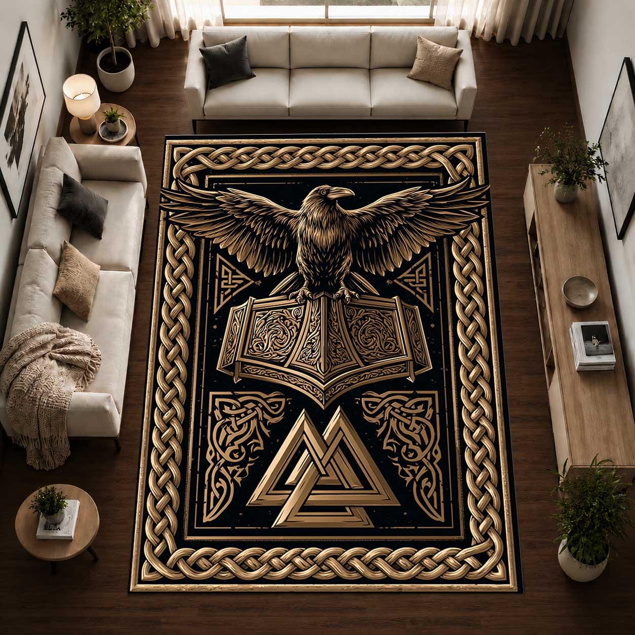 Viking Valknut Rug - Black Gold Norse Raven Viking Area Rug, Open Book Valknut Carpet, Celtic Knot