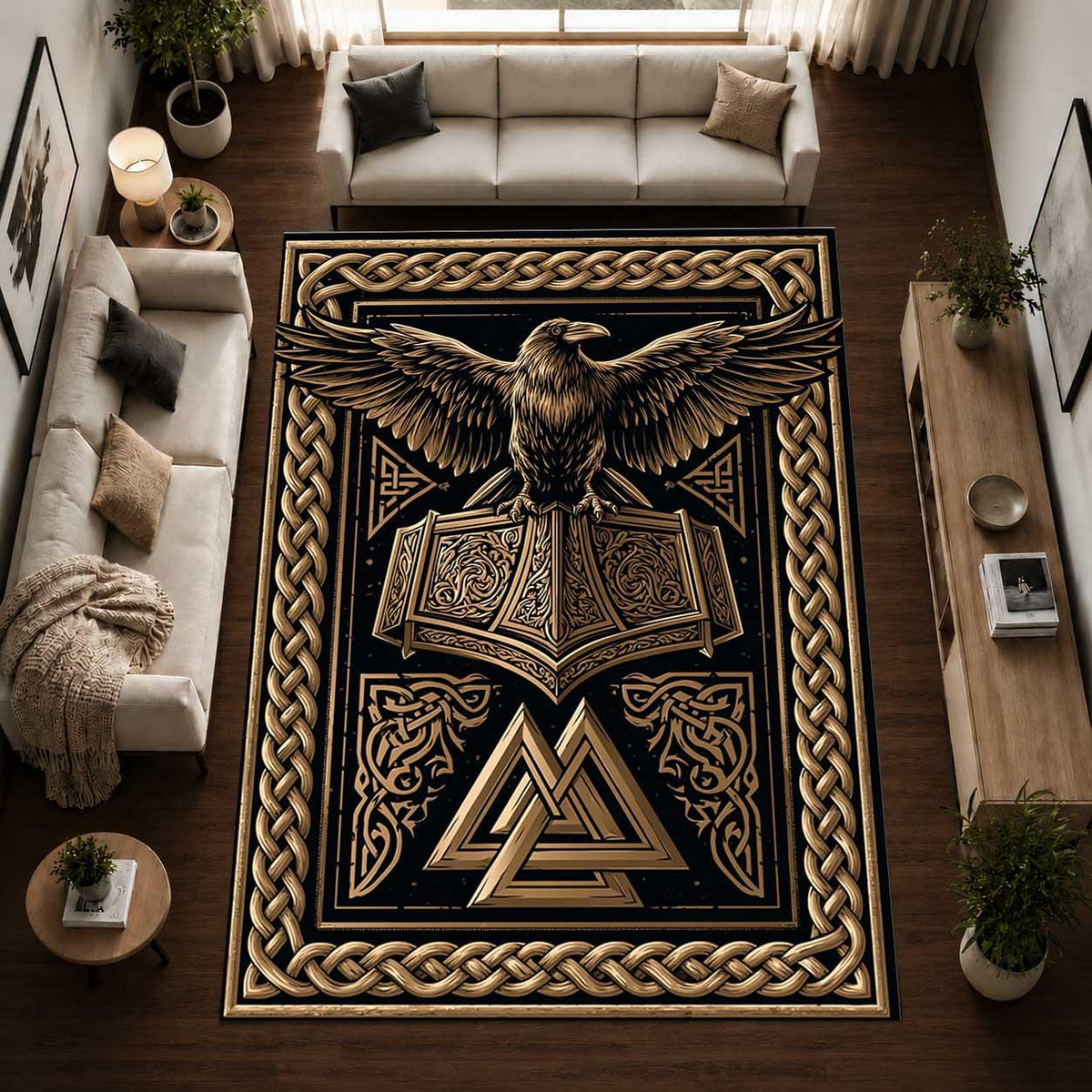 Viking Valknut Rug - Black Gold Norse Raven Viking Area Rug, Open Book Valknut Carpet, Celtic Knot