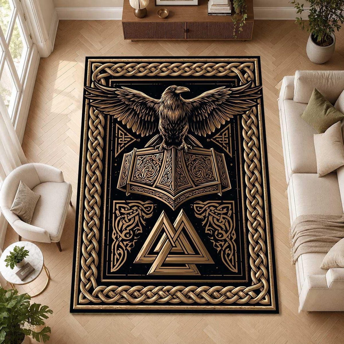 Viking Valknut Rug - Black Gold Norse Raven Viking Area Rug, Open Book Valknut Carpet, Celtic Knot