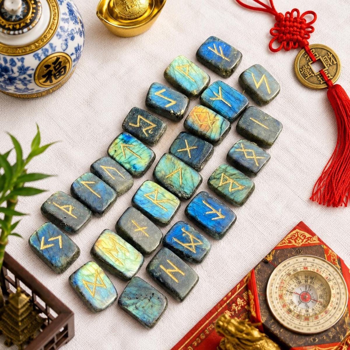 Viking Rune Home Decor - Labradorite Rune Stone Set Hand Engraved Norse Viking Runes for