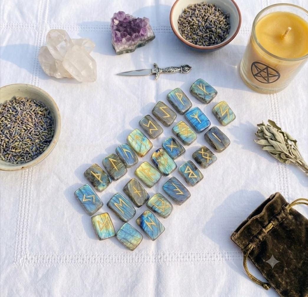 Viking Rune Home Decor - Labradorite Rune Stone Set Hand Engraved Norse Viking Runes for