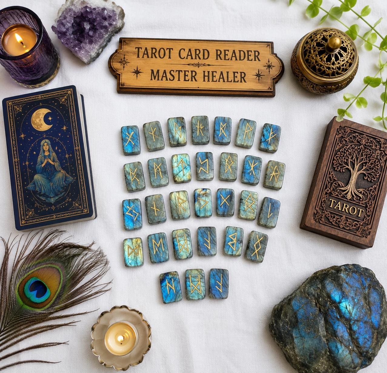 Viking Rune Home Decor - Labradorite Rune Stone Set Hand Engraved Norse Viking Runes for