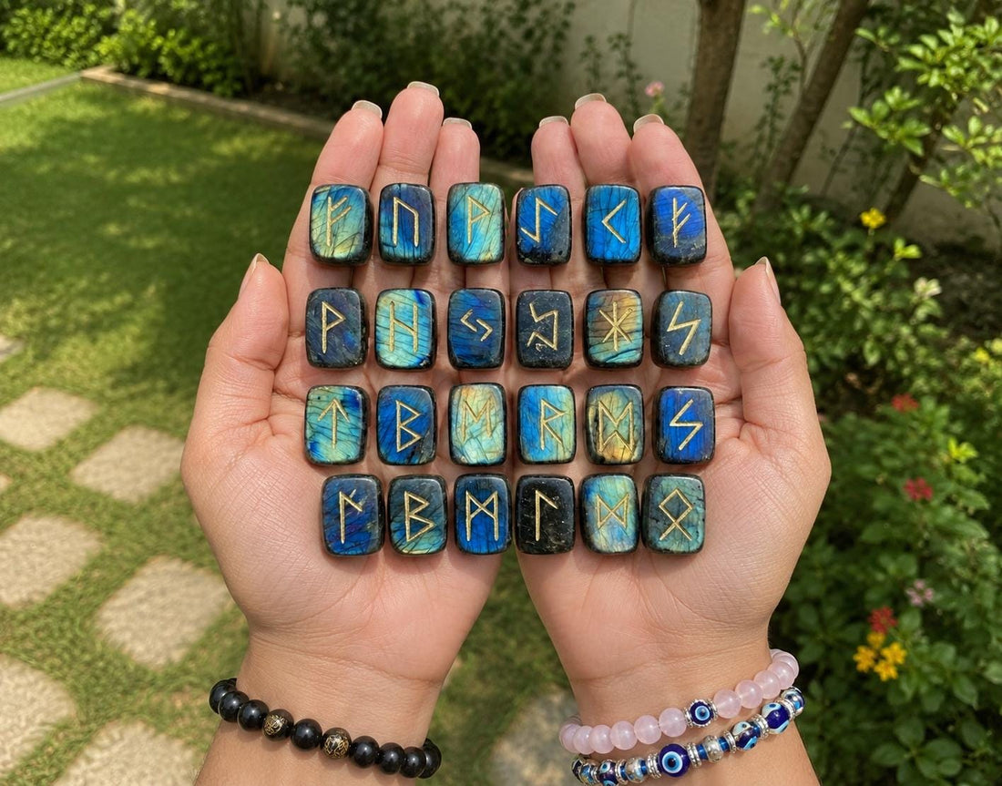 Viking Rune Home Decor - Labradorite Rune Stone Set Hand Engraved Norse Viking Runes for