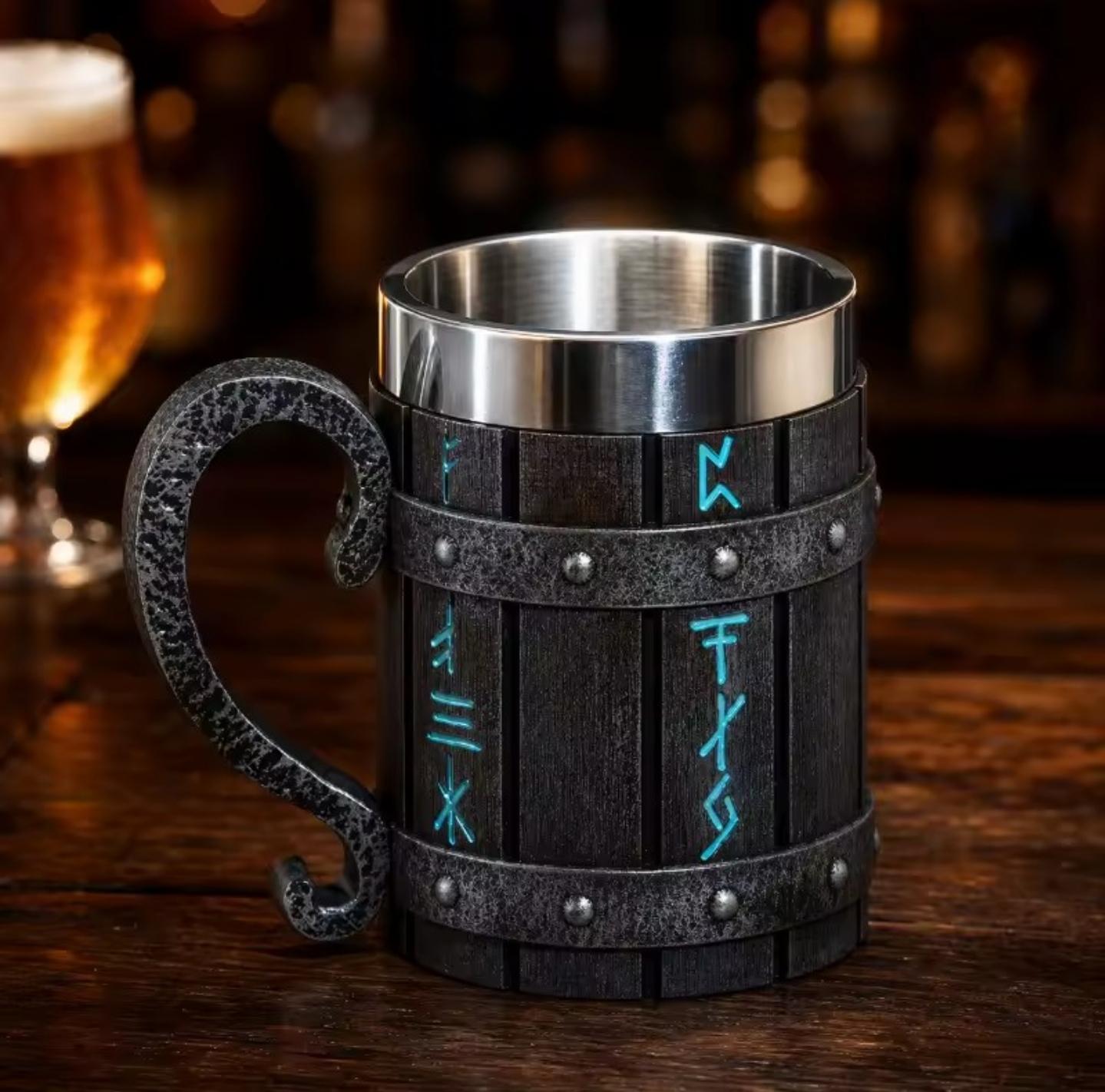 Viking Mug - Norse Warrior & Dragon Handle Stainless Steel Ale Mug