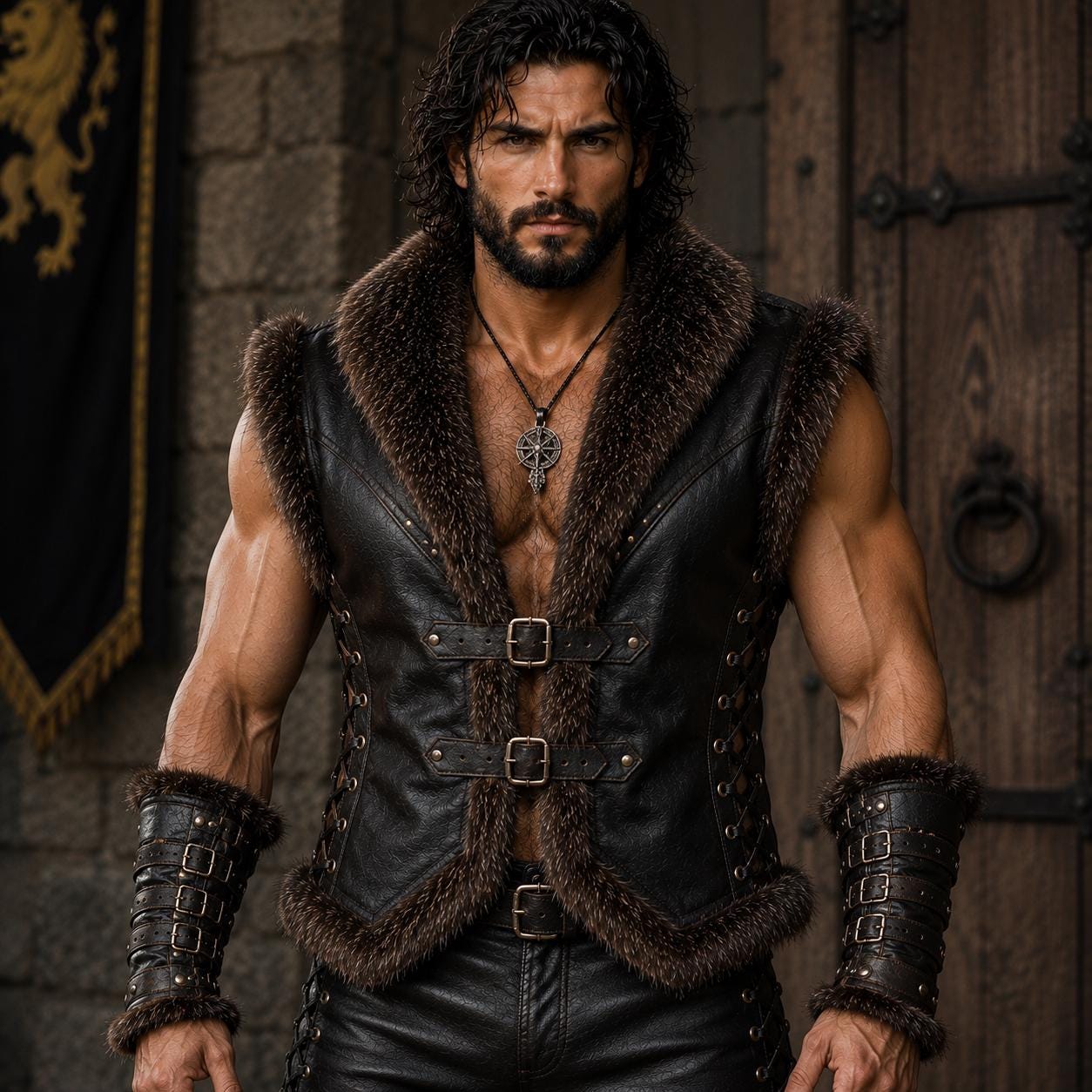 Viking Jacket - Viking Leather Vest Fur Collar Armor Medieval Norse Warrior Costume LARP Leather