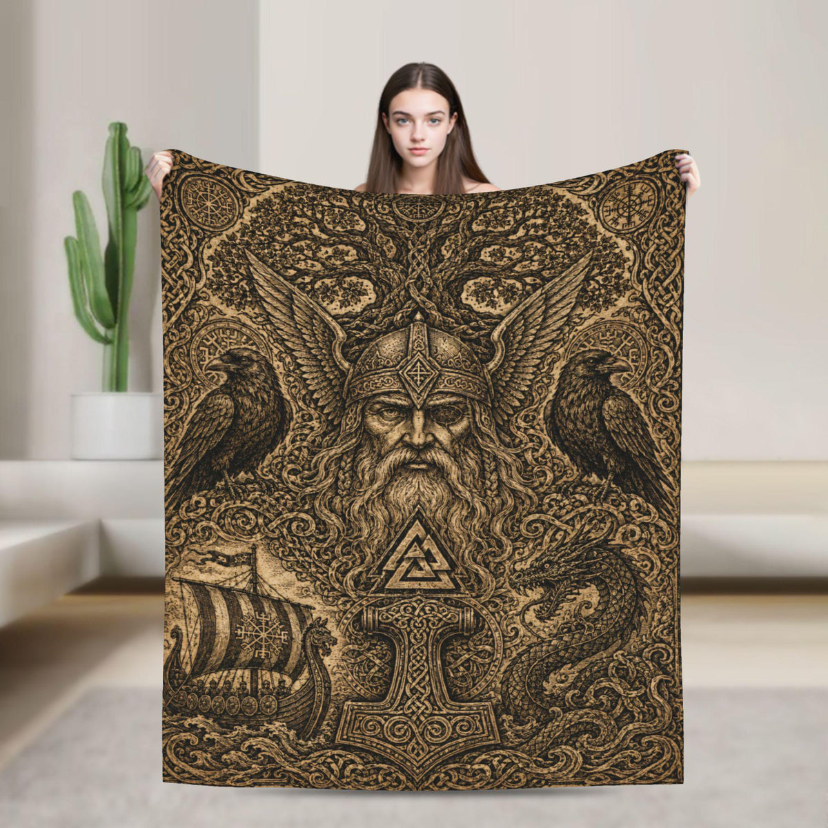 Viking Odin Blanket - Viking Odin Flannel Blanket, Norse Mythology Woodcut Art Throw, Pagan Gothic