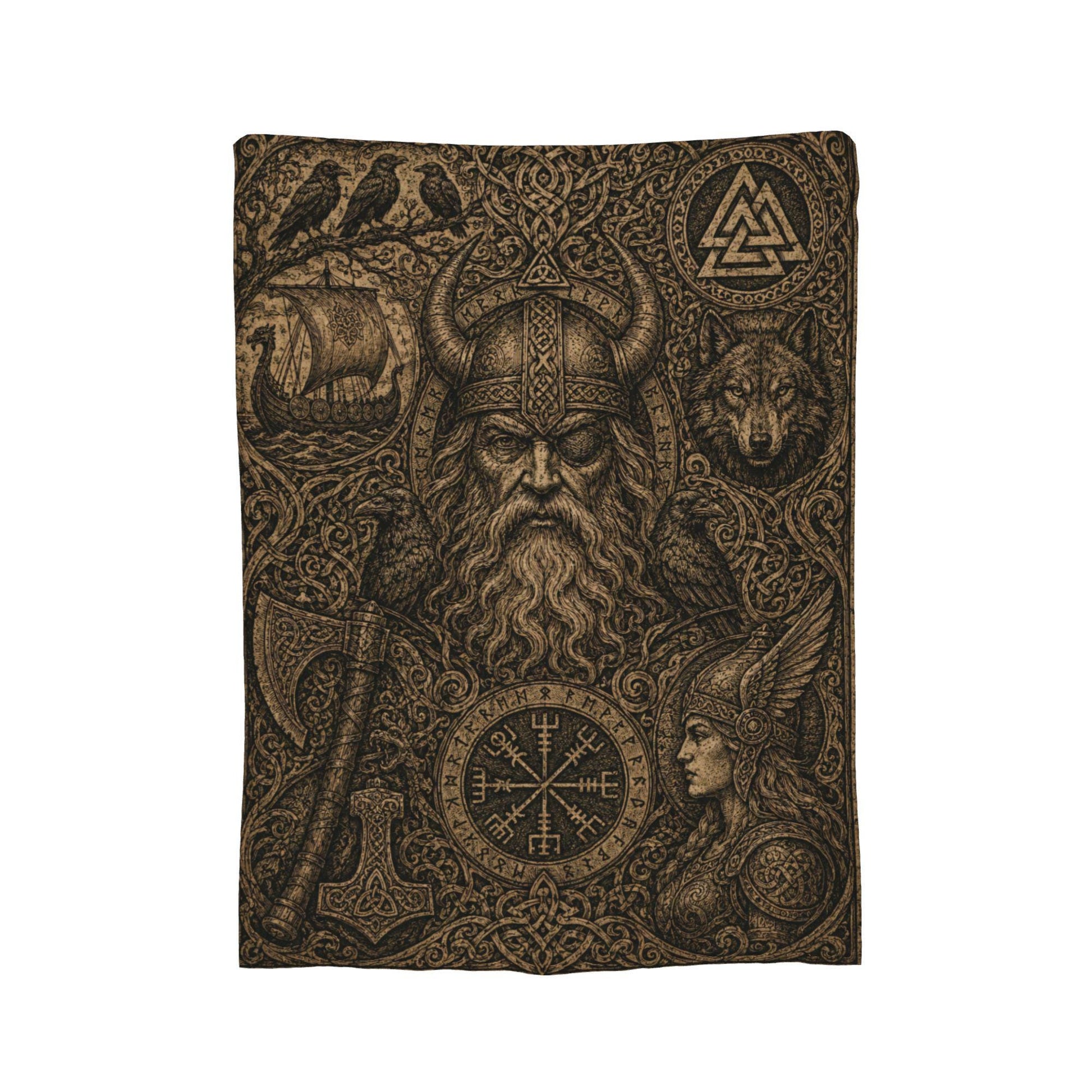 Viking Odin Blanket - Viking Odin Flannel Blanket, Norse Mythology Woodcut Art Throw, Pagan Gothic