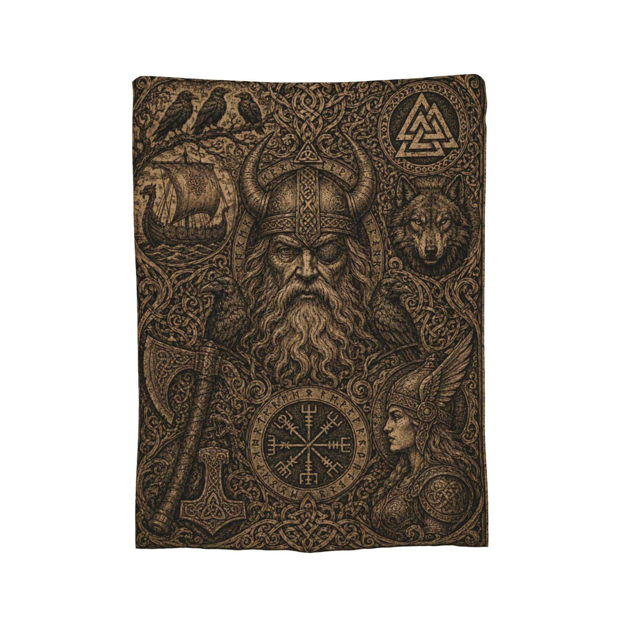 Viking Odin Blanket - Viking Odin Flannel Blanket, Norse Mythology Woodcut Art Throw, Pagan Gothic
