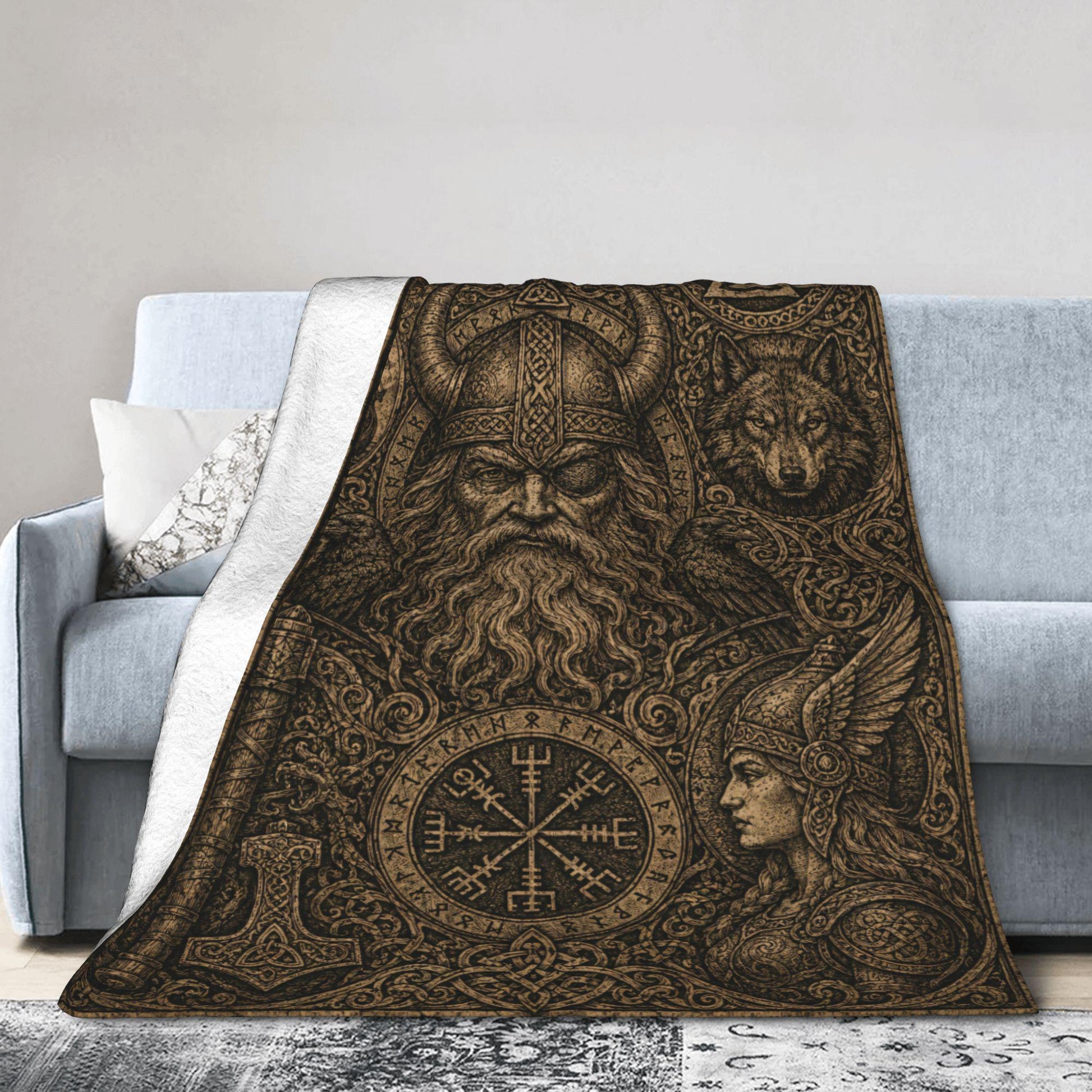 Viking Odin Blanket - Viking Odin Flannel Blanket, Norse Mythology Woodcut Art Throw, Pagan Gothic