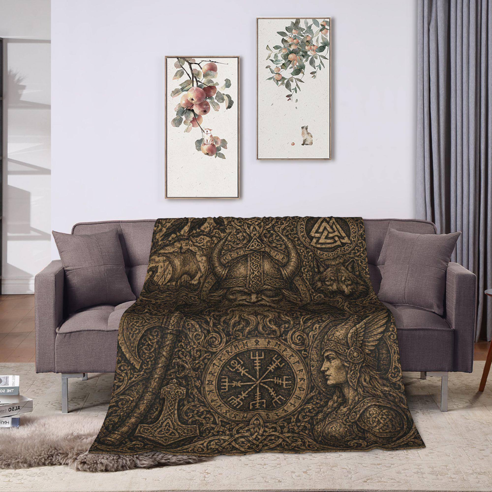 Viking Odin Blanket - Viking Odin Flannel Blanket, Norse Mythology Woodcut Art Throw, Pagan Gothic