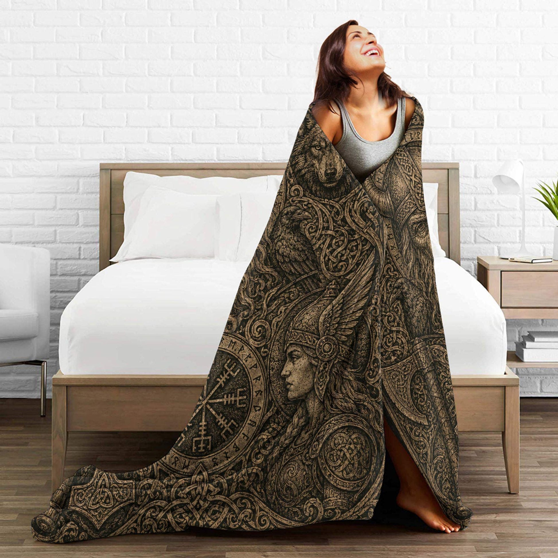 Viking Odin Blanket - Viking Odin Flannel Blanket, Norse Mythology Woodcut Art Throw, Pagan Gothic
