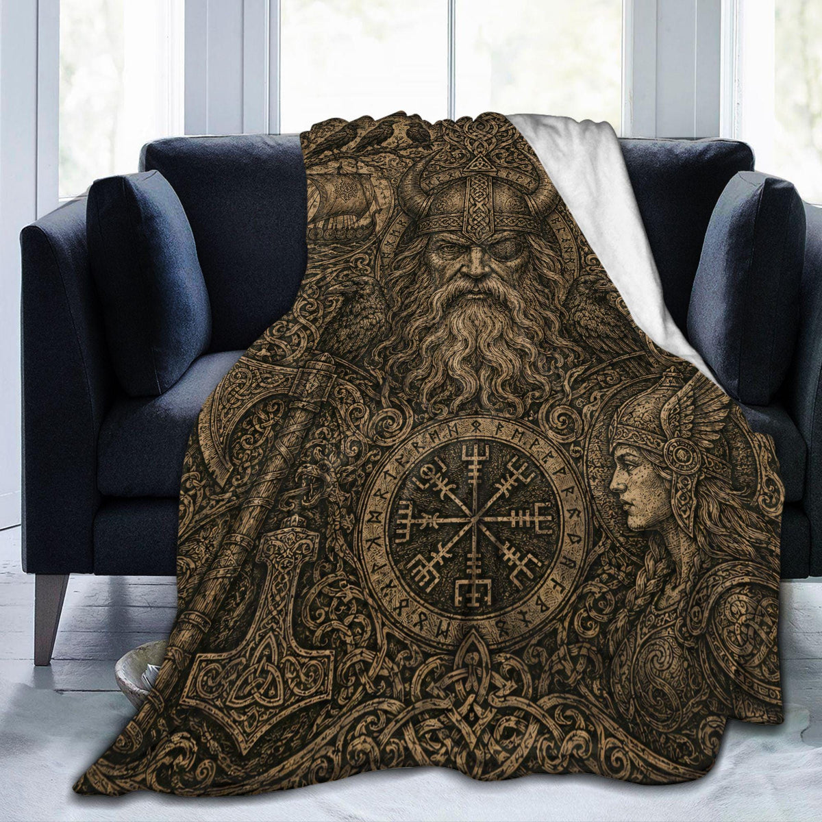 Viking Odin Blanket - Viking Odin Flannel Blanket, Norse Mythology Woodcut Art Throw, Pagan Gothic