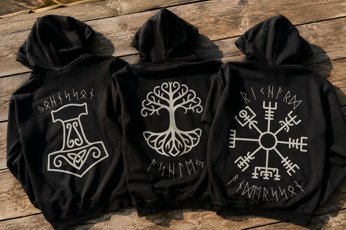 Viking Thor's Hammer Hoodie - Personalized Viking Zip Hoodie for Men Custom Rune Name Norse Symbol