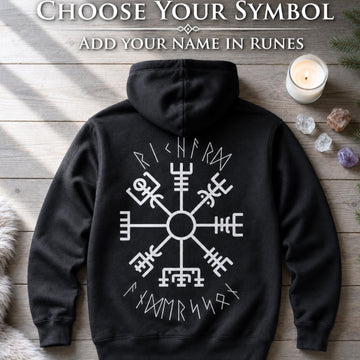 Viking Thor's Hammer Hoodie - Personalized Viking Zip Hoodie for Men Custom Rune Name Norse Symbol