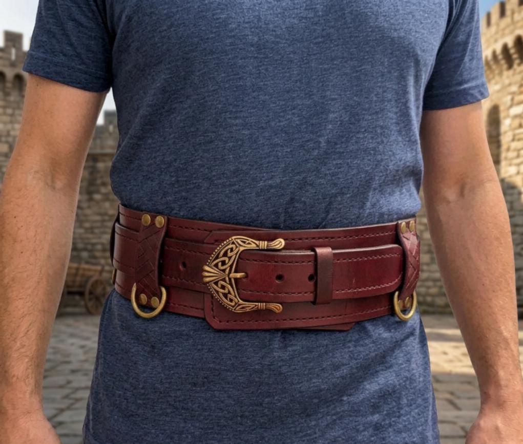 Viking Leather Accessory - Embossed Viking belt from brown or black 3, 2mm leather, with bronze