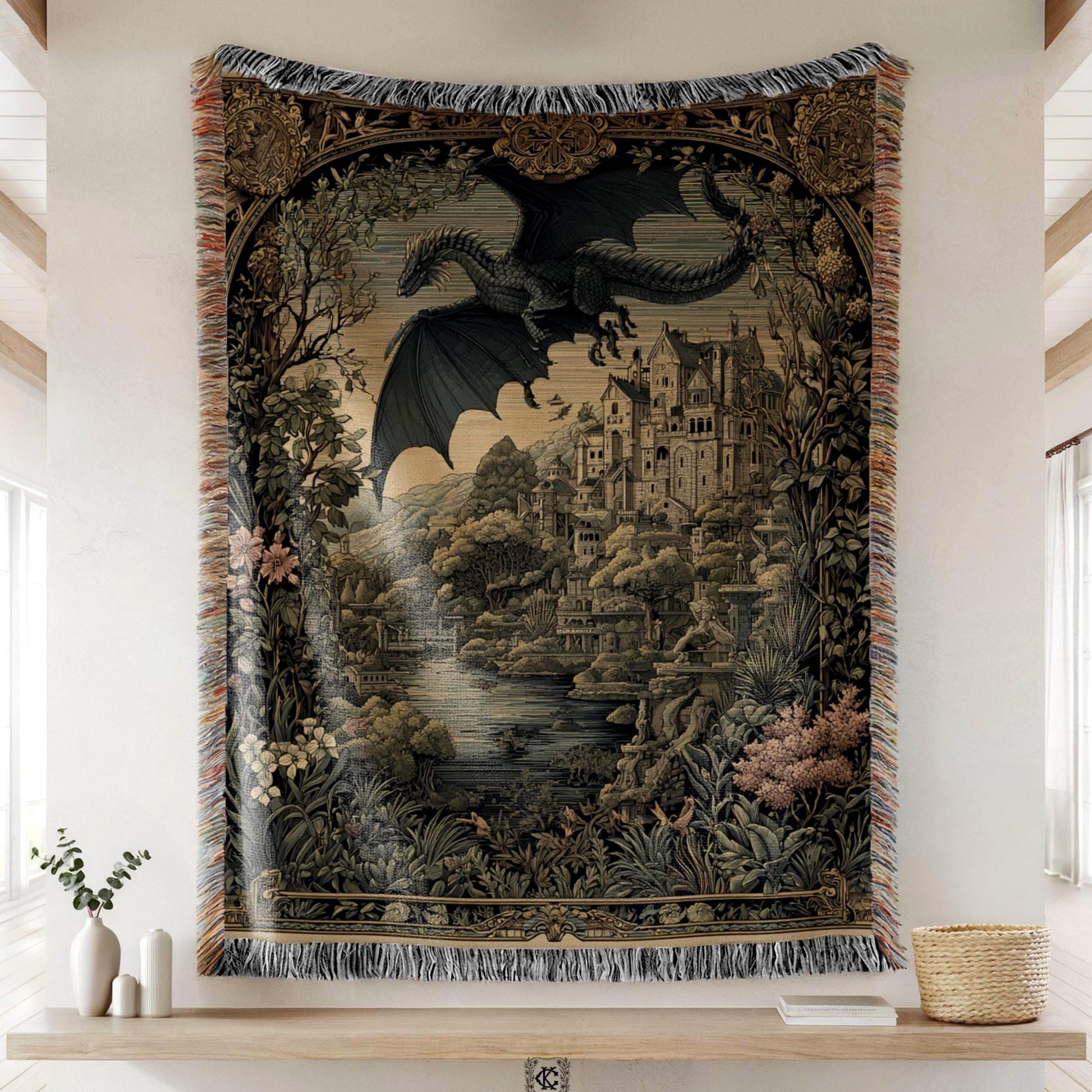Viking Blanket - Viking Nordic Dragon Woven Cotton Throw Blanket, Fringed Tapestry Decor