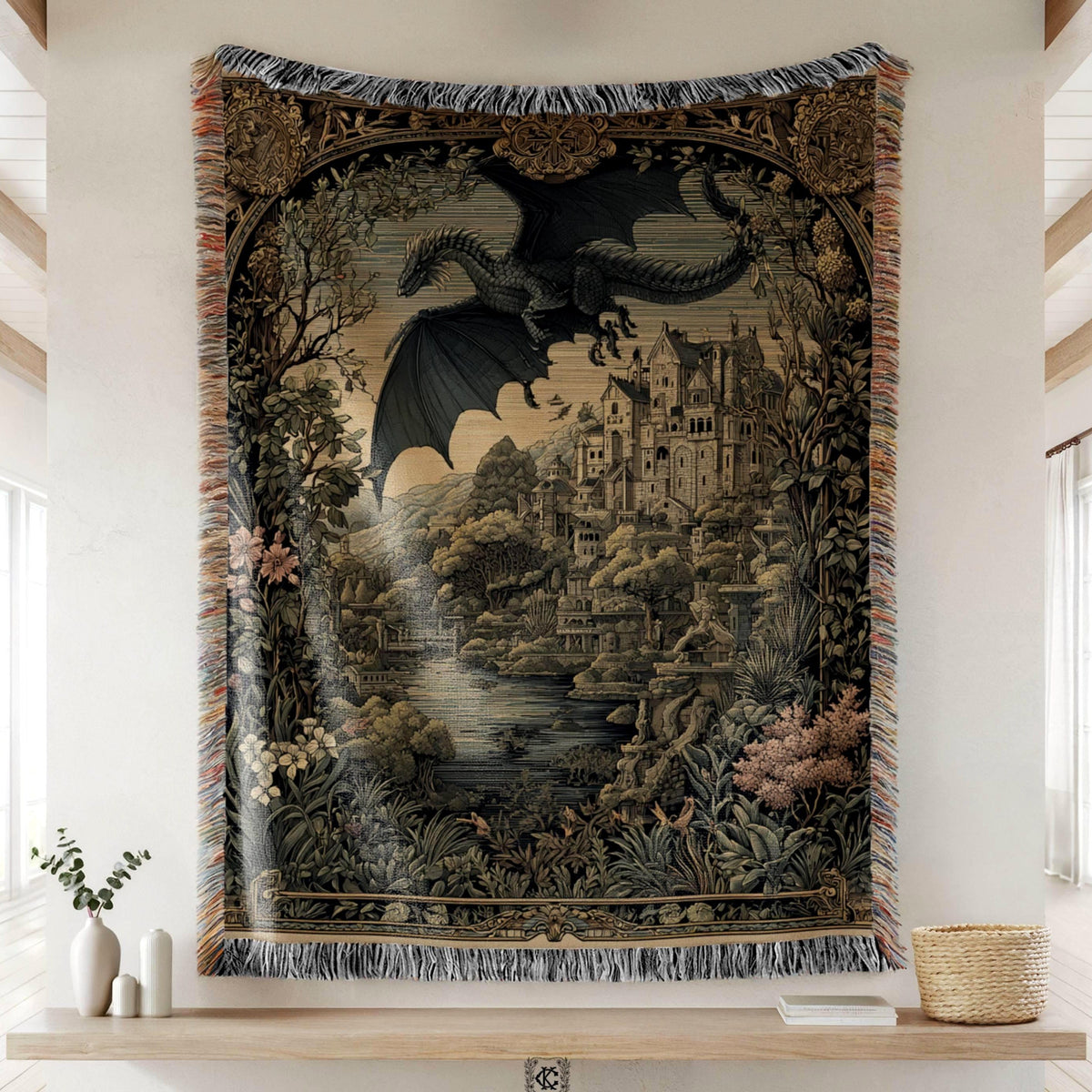 Viking Blanket - Viking Nordic Dragon Woven Cotton Throw Blanket, Fringed Tapestry Decor
