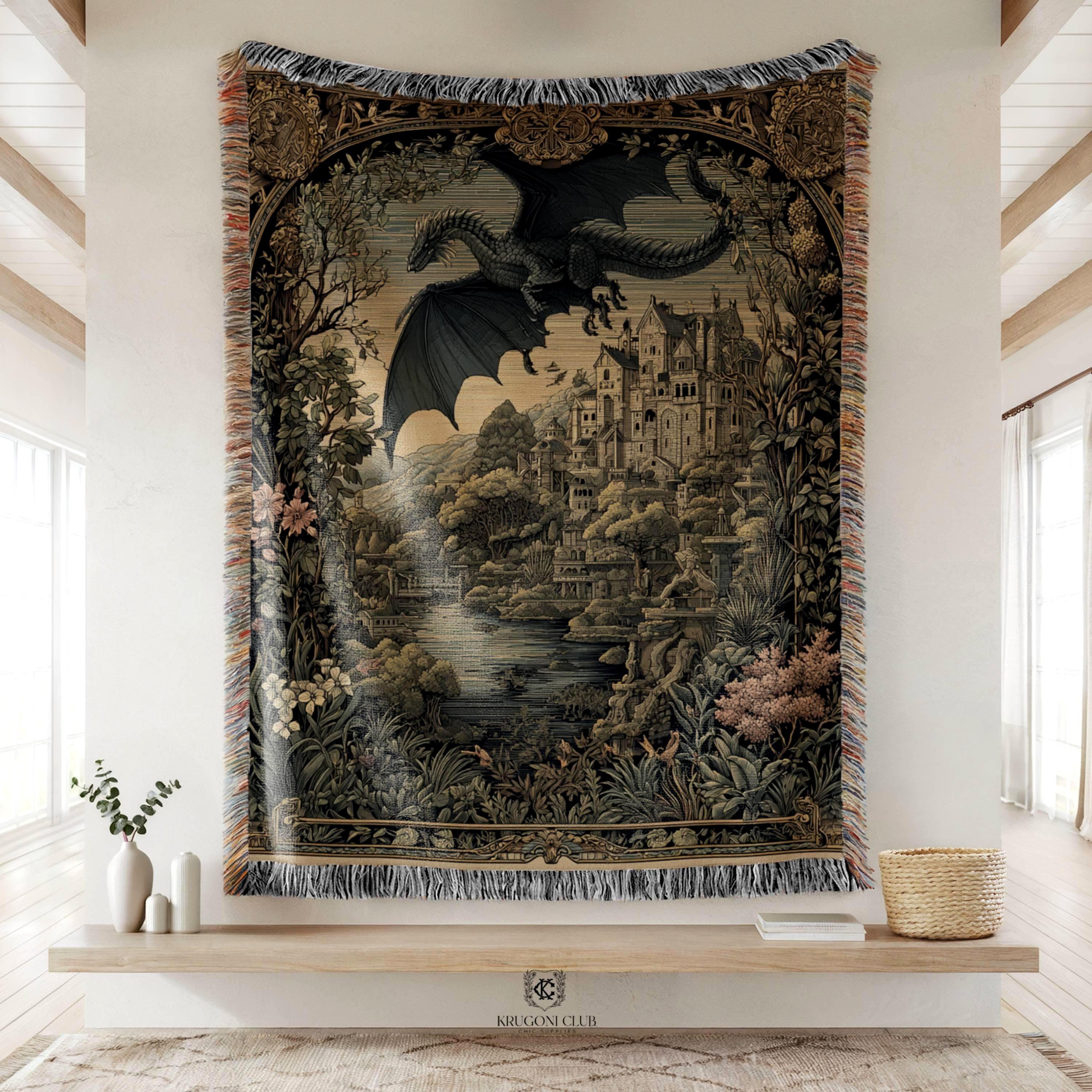 Viking Raven Blanket - Viking Longship Tapestry Wall Hanging Norse Raven Fjord Wall Art Large Wall
