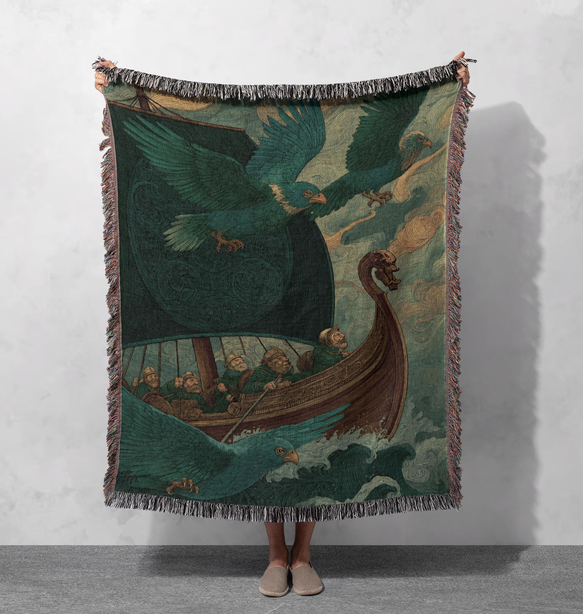 Viking Blanket - Viking Warrior Woven Blanket 100% Cotton, Norse Mythology Tapestry Throw