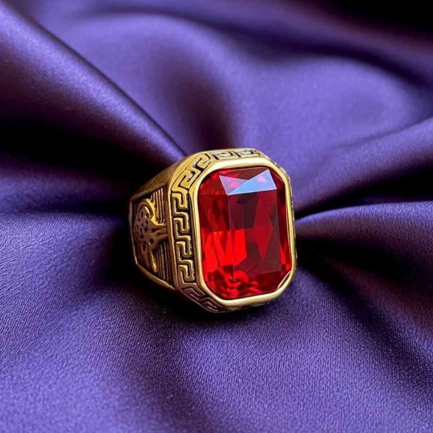 Viking Ring - 14k gold dwarven ring, brutalist signet ruby gemstone ring, fantasy viking nordic