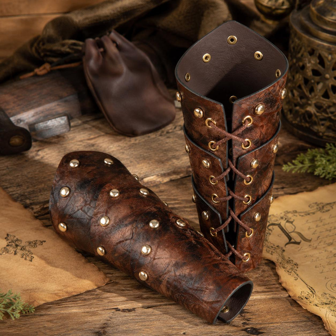 Viking Costume & LARP - Medieval Riveted Leather Bracers, Viking Warrior Arm Guards, Steampunk LARP