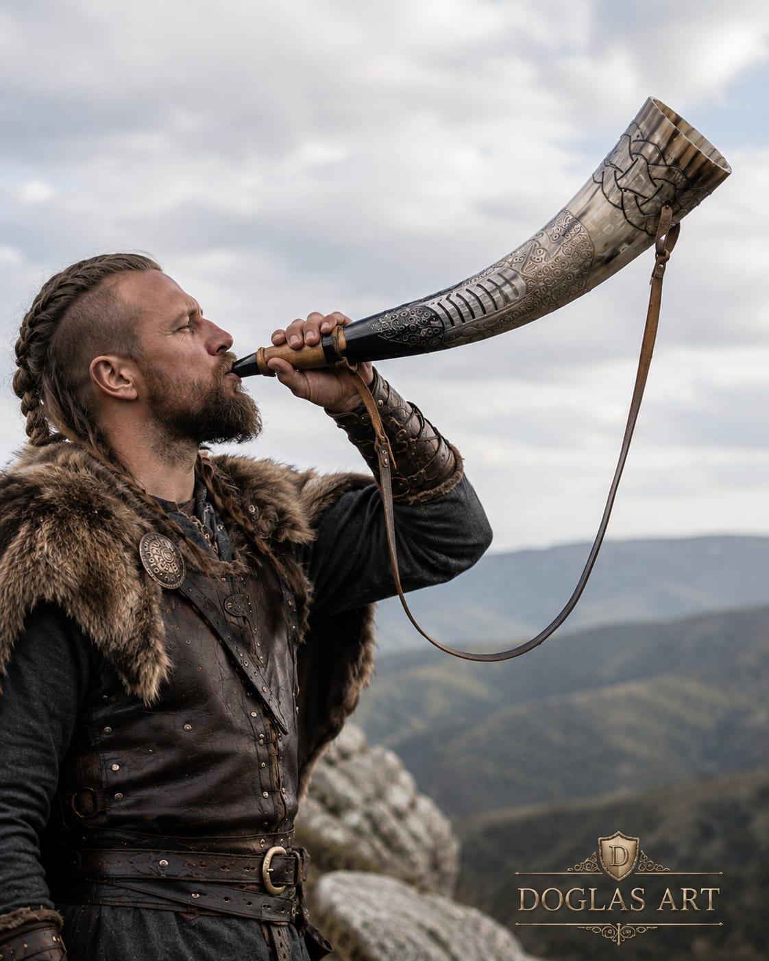 Viking Wolf Weapon Replica - Norse Viking War Horn, Handmade Engraved Wolf Ox Horn, Leather Strap
