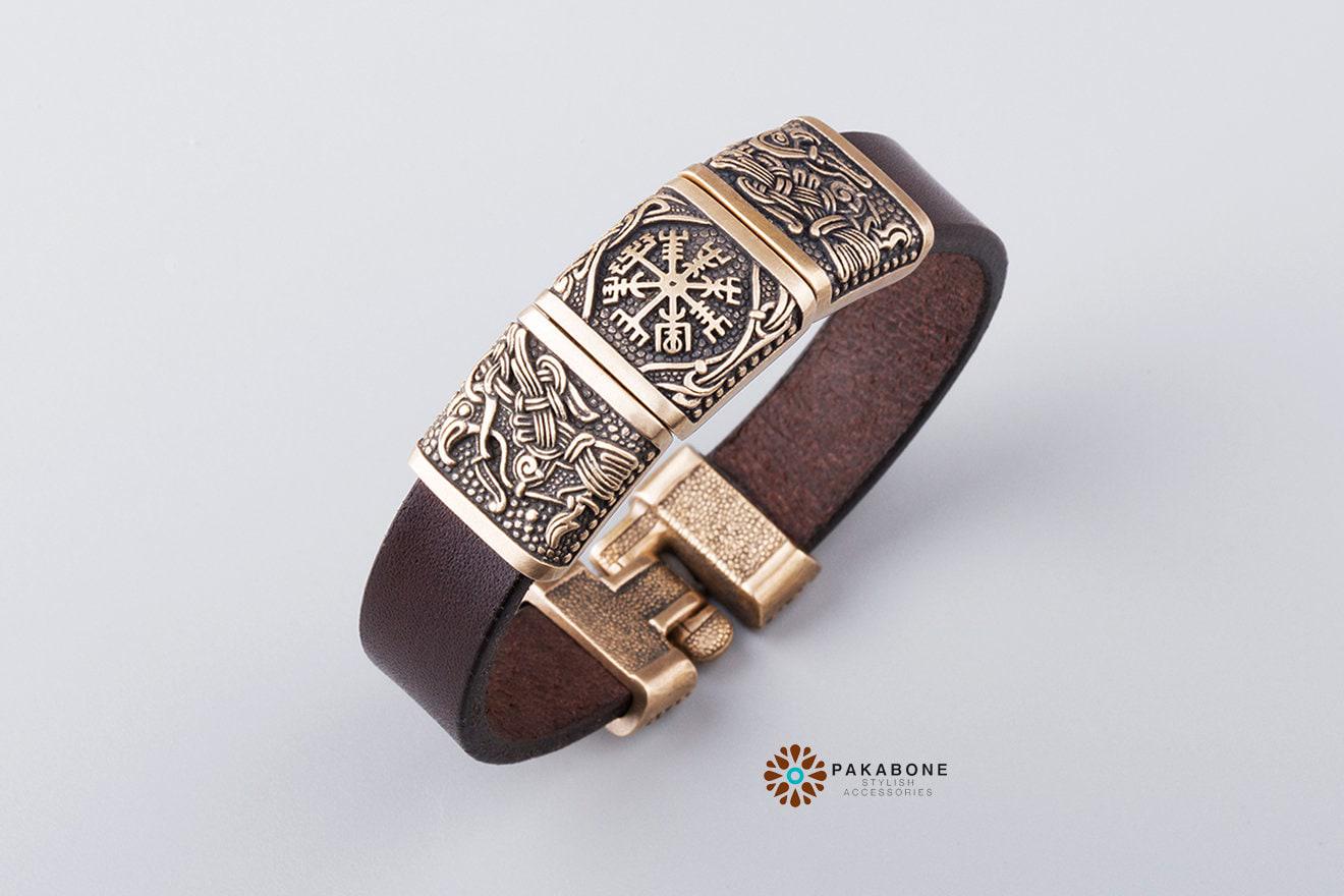 Viking Bracelet - Viking compass leather bracelet for men Norse pagan cuff bracelets Nordic jewelry