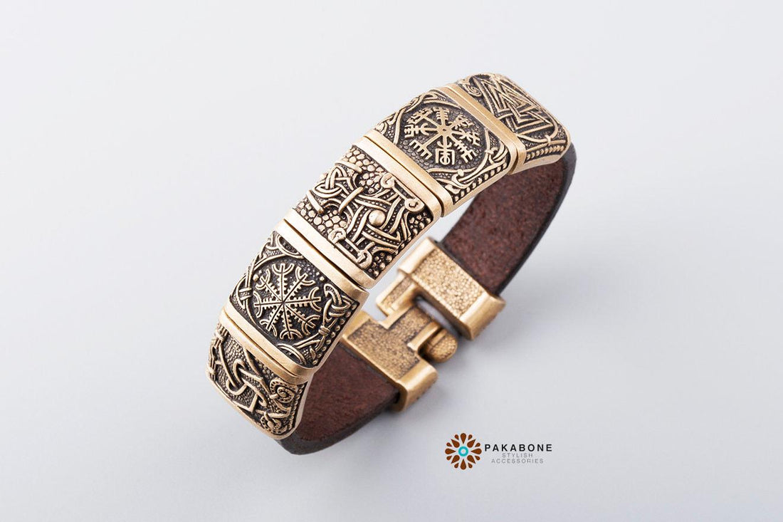 Viking Thor's Hammer Bracelet - Viking Bracelet Mammen Style, Leather Bracelet with Bronze Charms