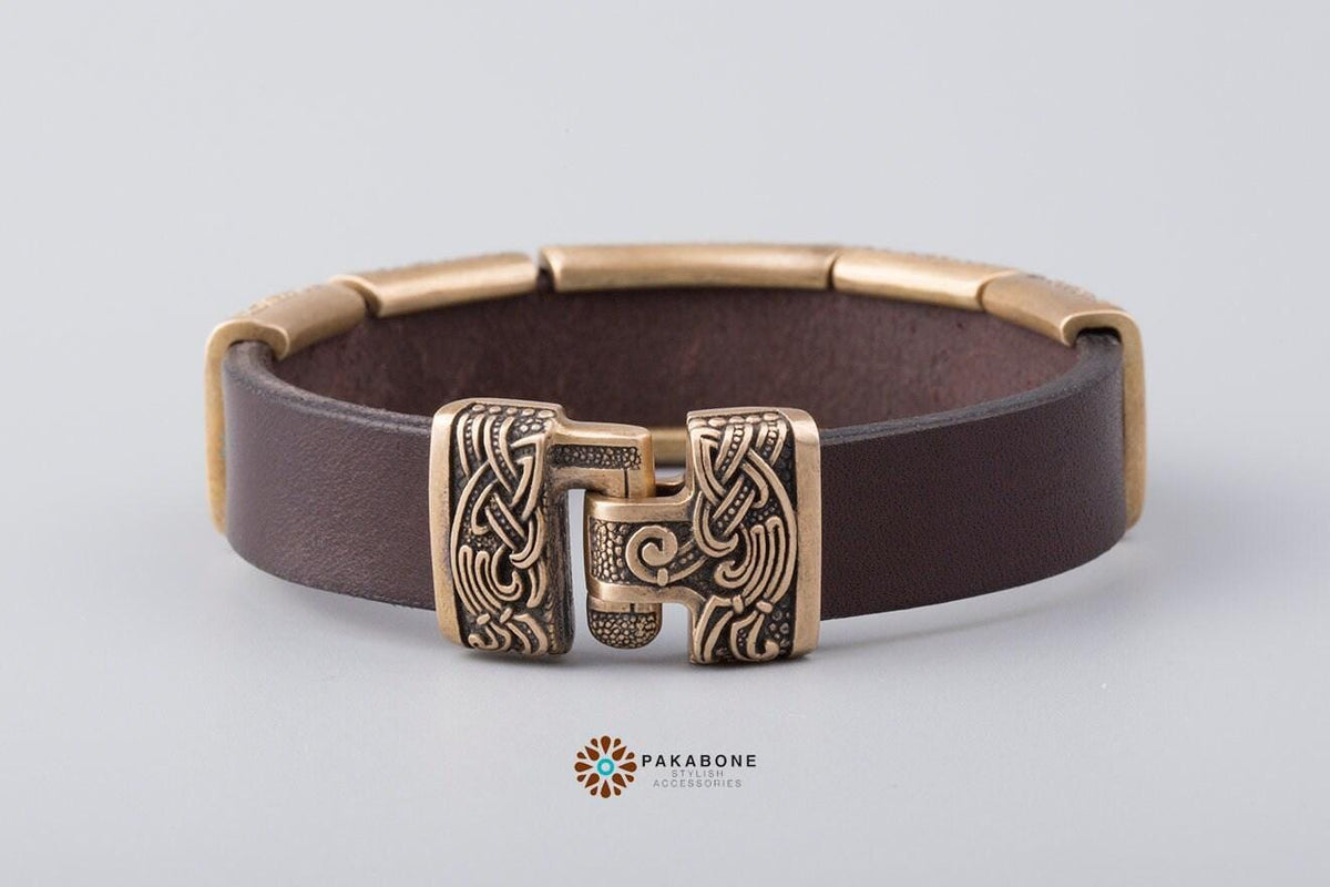 Viking Thor's Hammer Bracelet - Viking Bracelet Mammen Style, Leather Bracelet with Bronze Charms