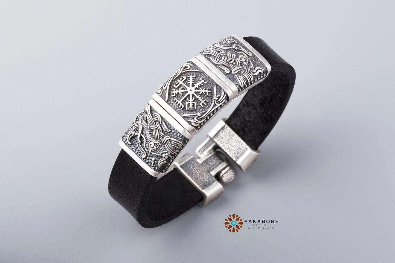 Viking Bracelet - Viking compass leather bracelet for men Norse pagan cuff bracelets Nordic jewelry