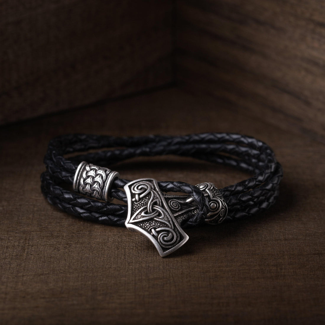 Viking Thor's Hammer Bracelet - Viking Leather Bracelet with Thor's Hammer Gift for Men and Women