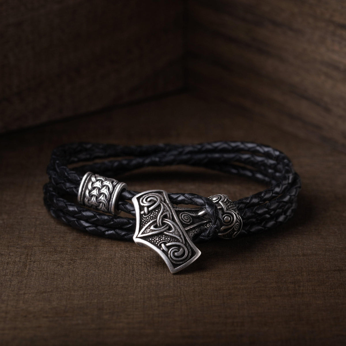 Viking Thor's Hammer Bracelet - Viking Leather Bracelet with Thor's Hammer Gift for Men and Women