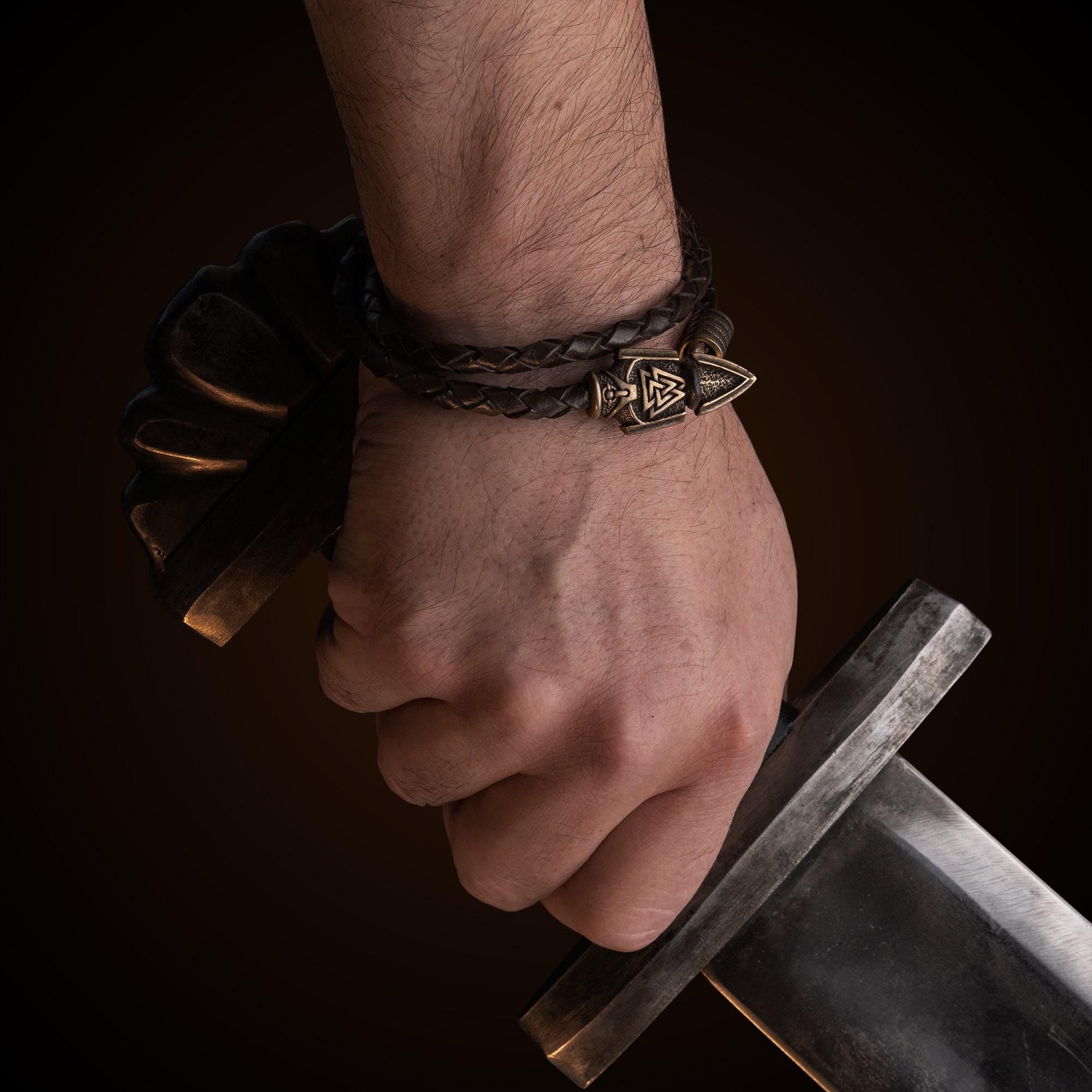 Viking Odin Bracelet - Viking Leather Bracelet with Odin's Spear Gift for Men and Women Norse