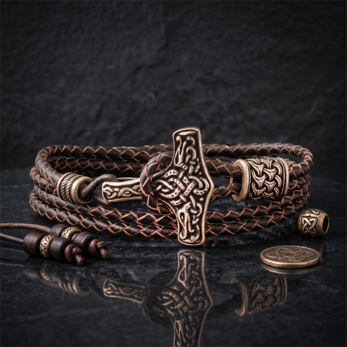 Viking Thor's Hammer Bracelet - Mjolnir Bracelet with Thor Hammer, Braided Viking Leather Bracelet