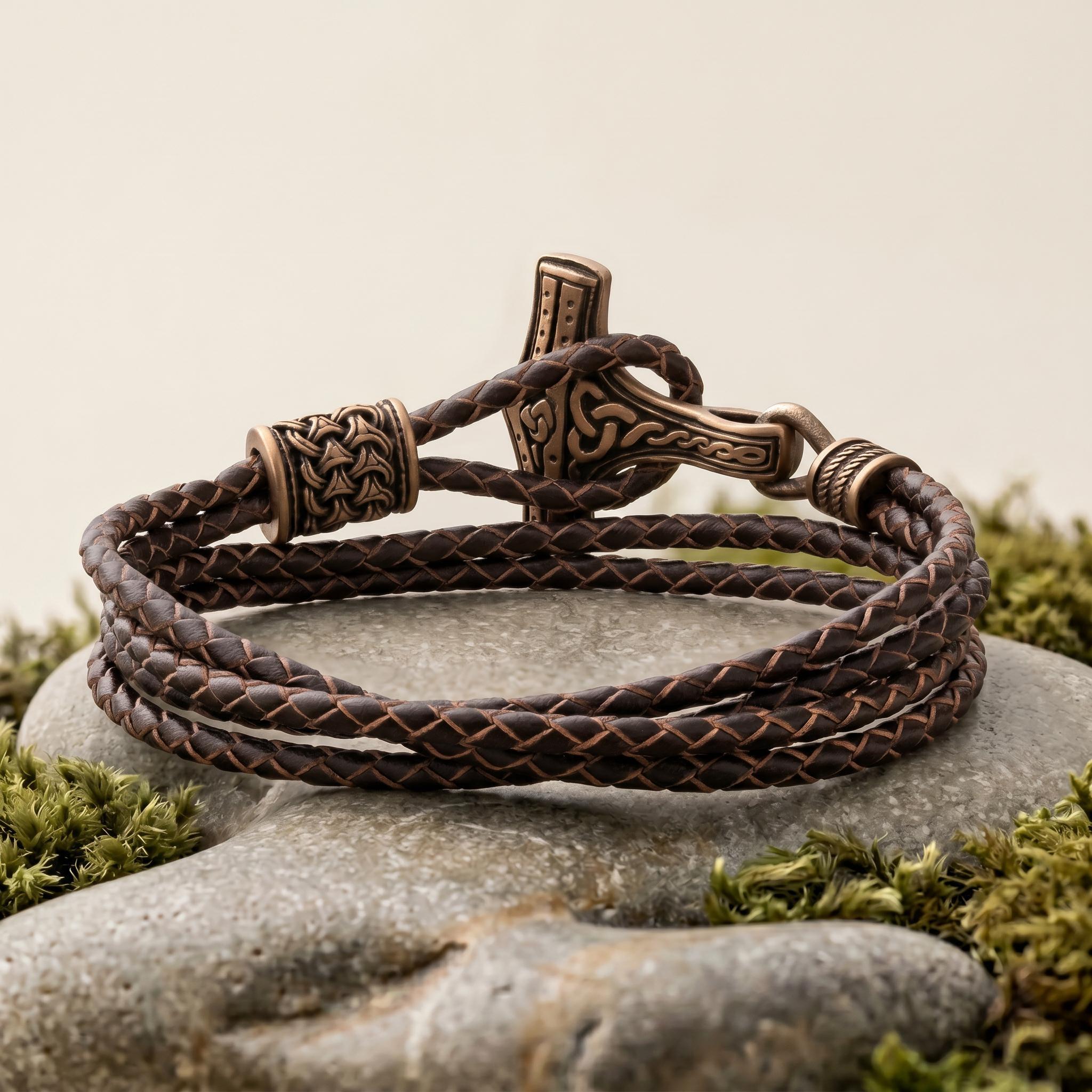 Viking Thor's Hammer Bracelet - Mjolnir Bracelet with Thor Hammer, Braided Viking Leather Bracelet