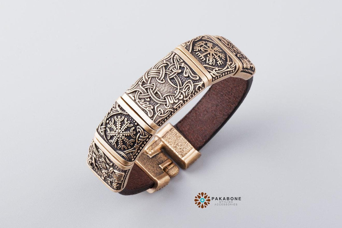 Viking Bracelet - Viking compass leather bracelet for men Norse pagan cuff bracelets Nordic jewelry