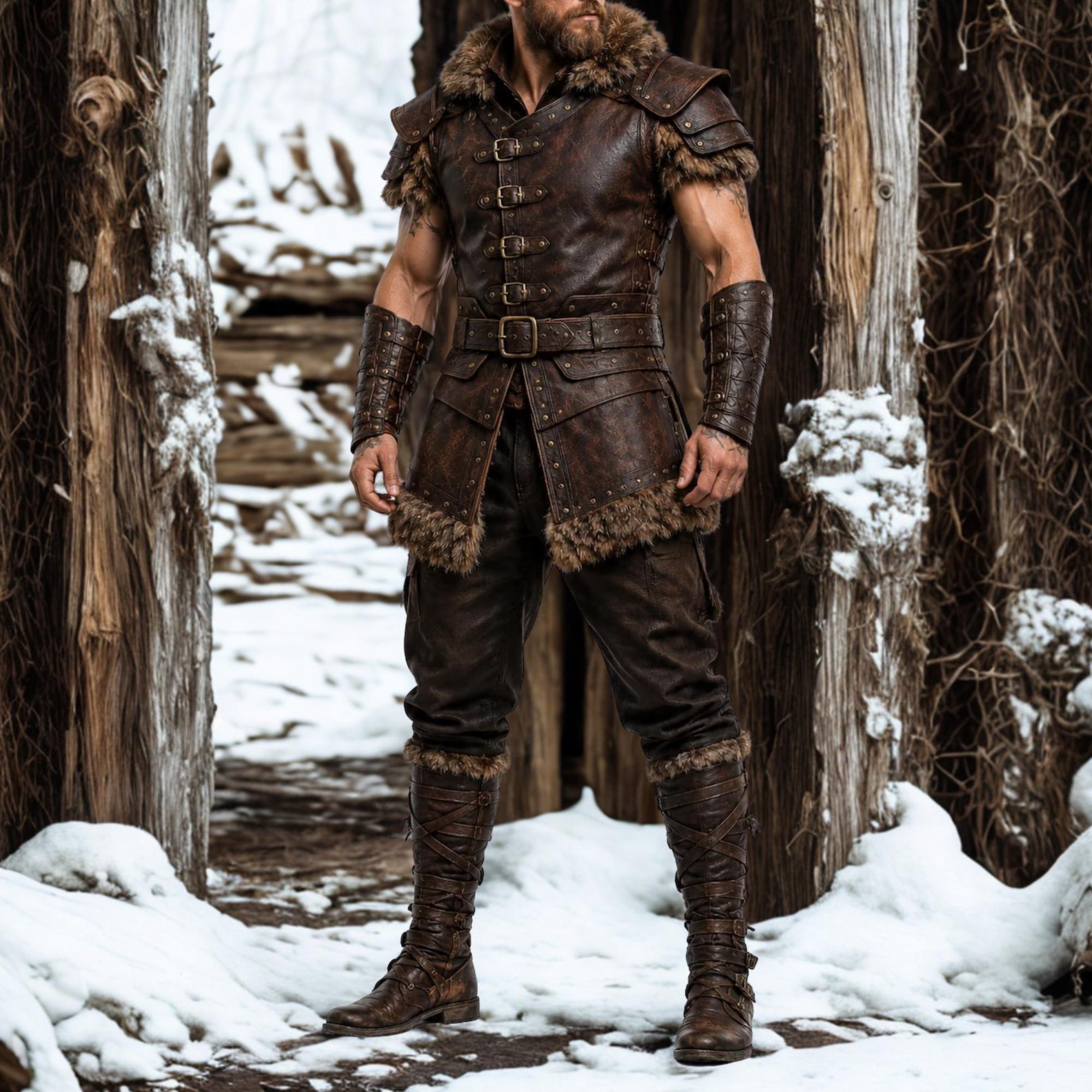 Viking Jacket - Viking Leather Vest Fur Collar Armor Medieval Norse Warrior Costume LARP Leather