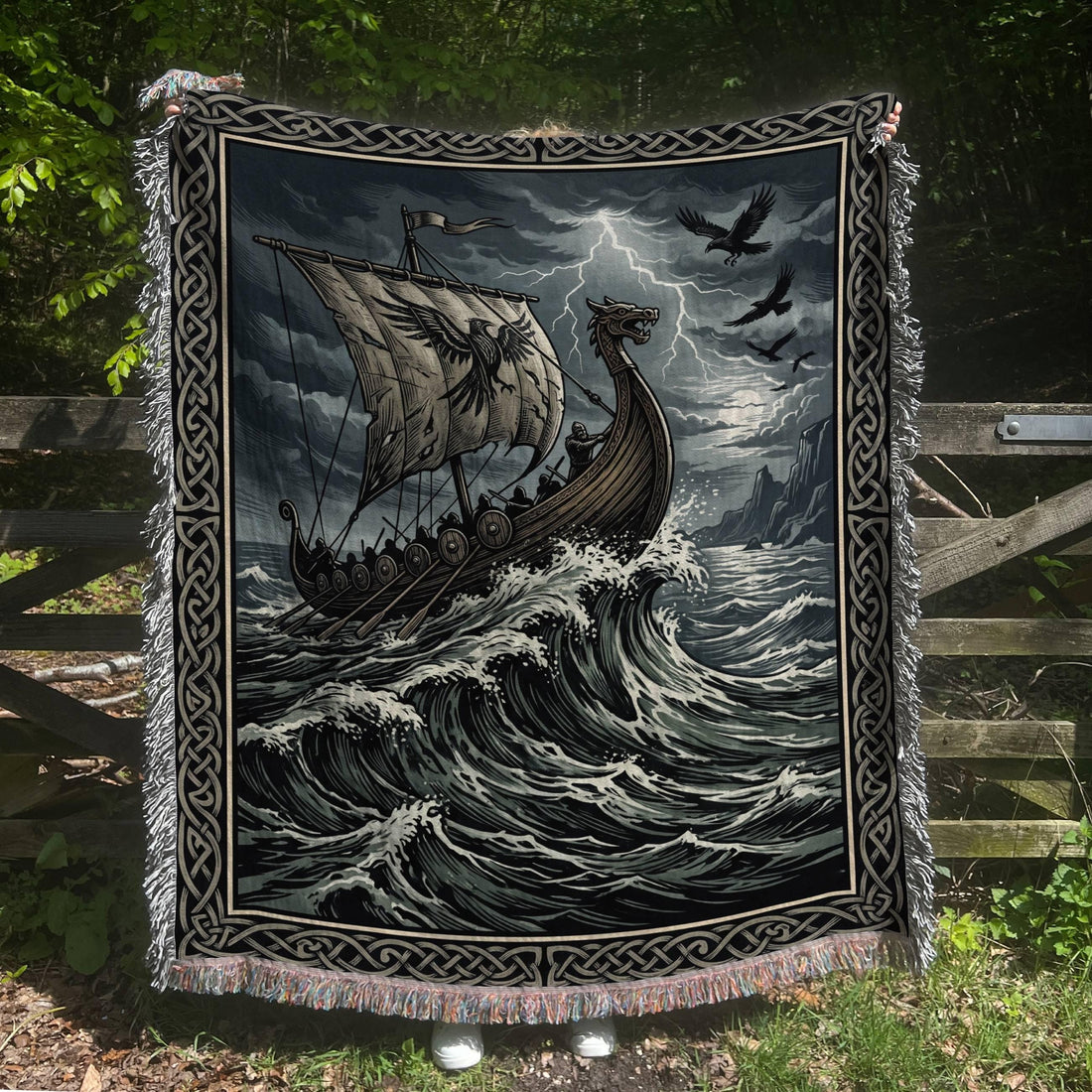 Viking Longship Blanket - Viking Longship Woven Blanket, Norse Storm Sea Tapestry, Dragon Boat