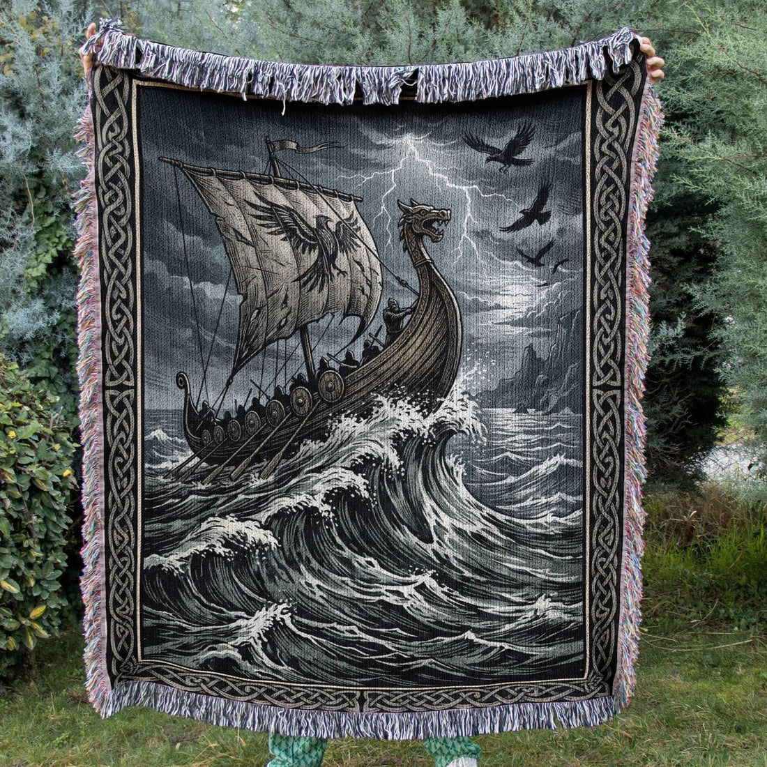Viking Longship Blanket - Viking Longship Woven Blanket, Norse Storm Sea Tapestry, Dragon Boat