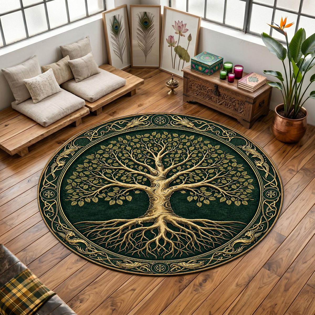 Viking Yggdrasil Tree of Life Rug - Yggdrasil Raven Rug – Green Tree of Life Carpet with Celtic