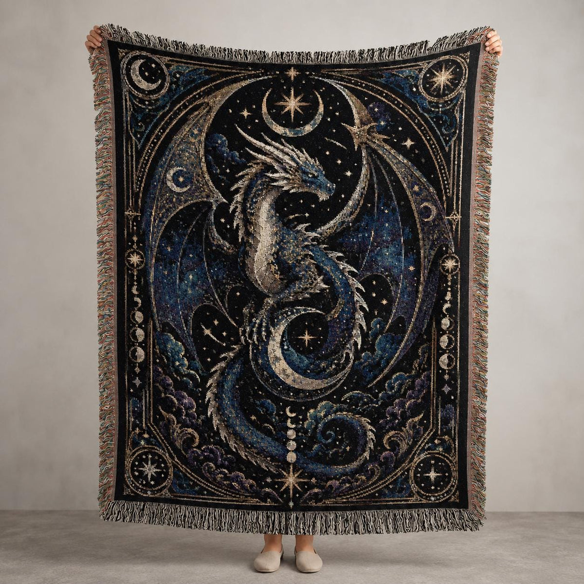 Viking Blanket - Viking Nordic Dragon Woven Cotton Throw Blanket, Fringed Tapestry Decor