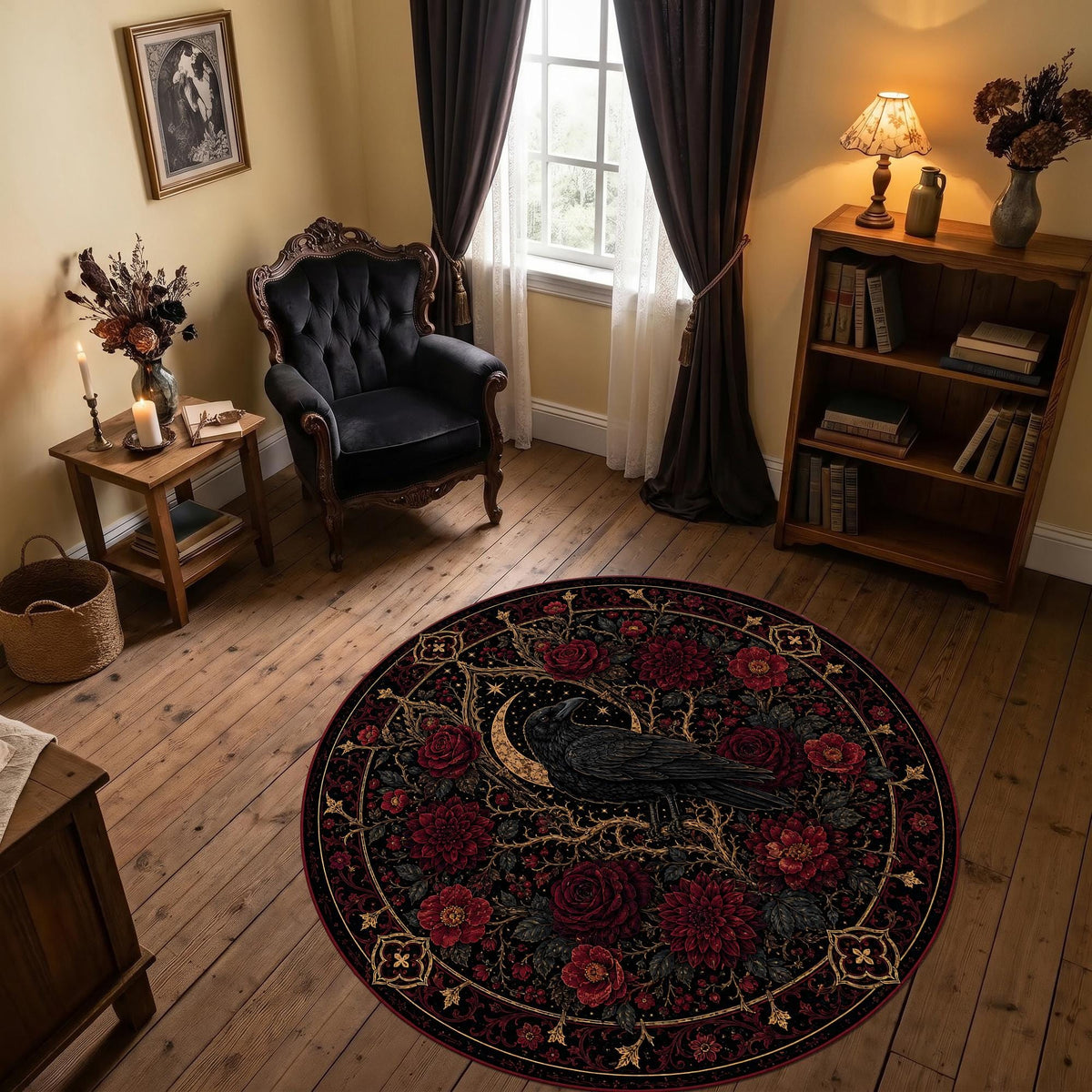 Viking Raven Rug - Viking Raven Round Rug, Norse Rune Circle Carpet, Celtic Knot Boho Gothic Decor