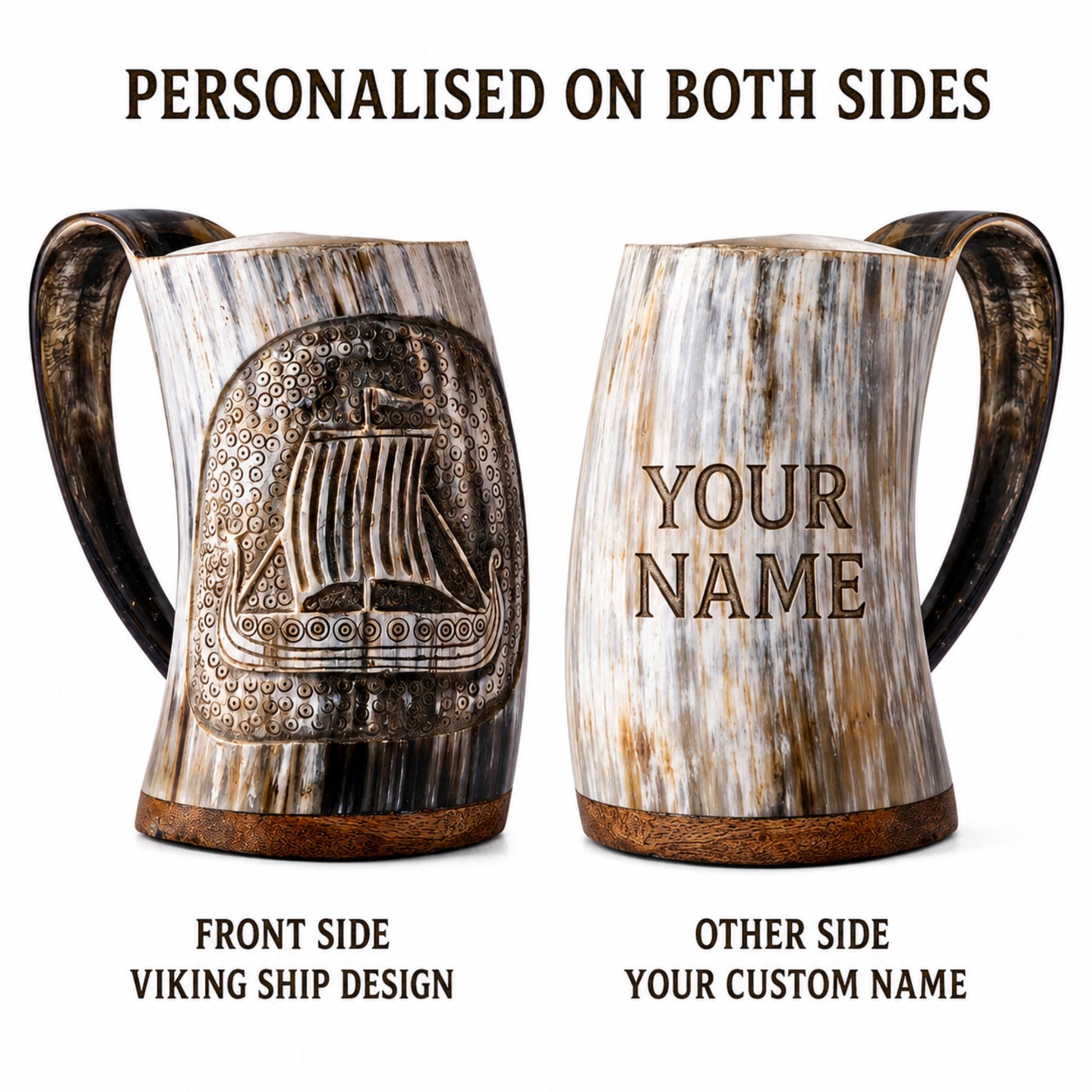 Viking Longship Mug - Personalized Viking Longship Horn Mug, Custom Engraved Wooden Base, Genuine