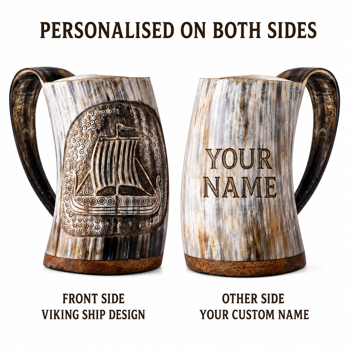 Viking Longship Mug - Personalized Viking Longship Horn Mug, Custom Engraved Wooden Base, Genuine
