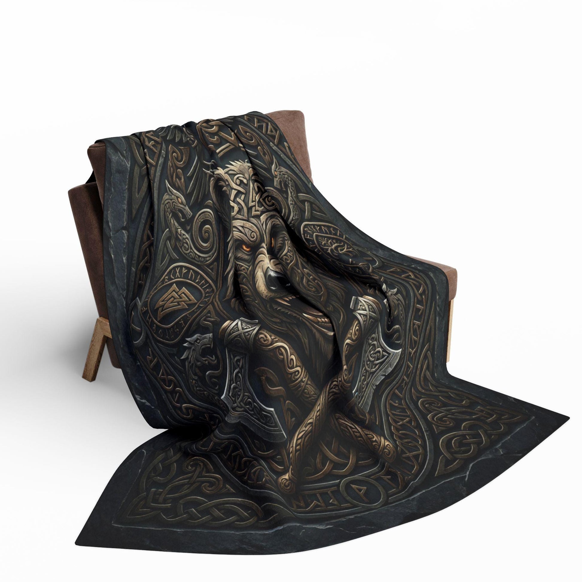 Viking Blanket - Viking Bear Fleece Blanket, Norse Berserker Arctic Throw, Crossed Battle Axes
