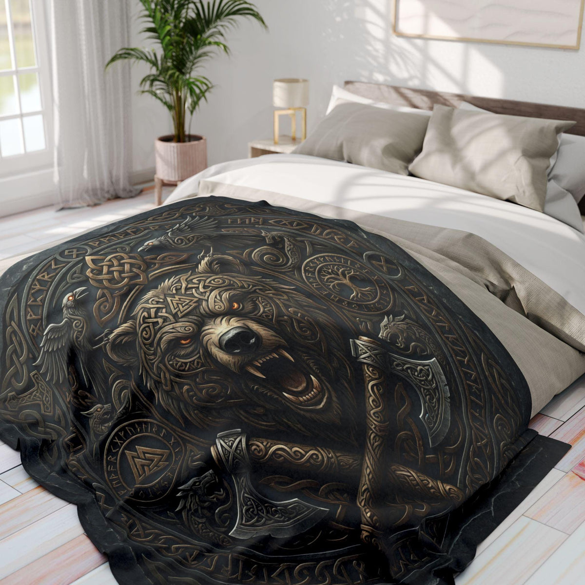 Viking Blanket - Viking Bear Fleece Blanket, Norse Berserker Arctic Throw, Crossed Battle Axes