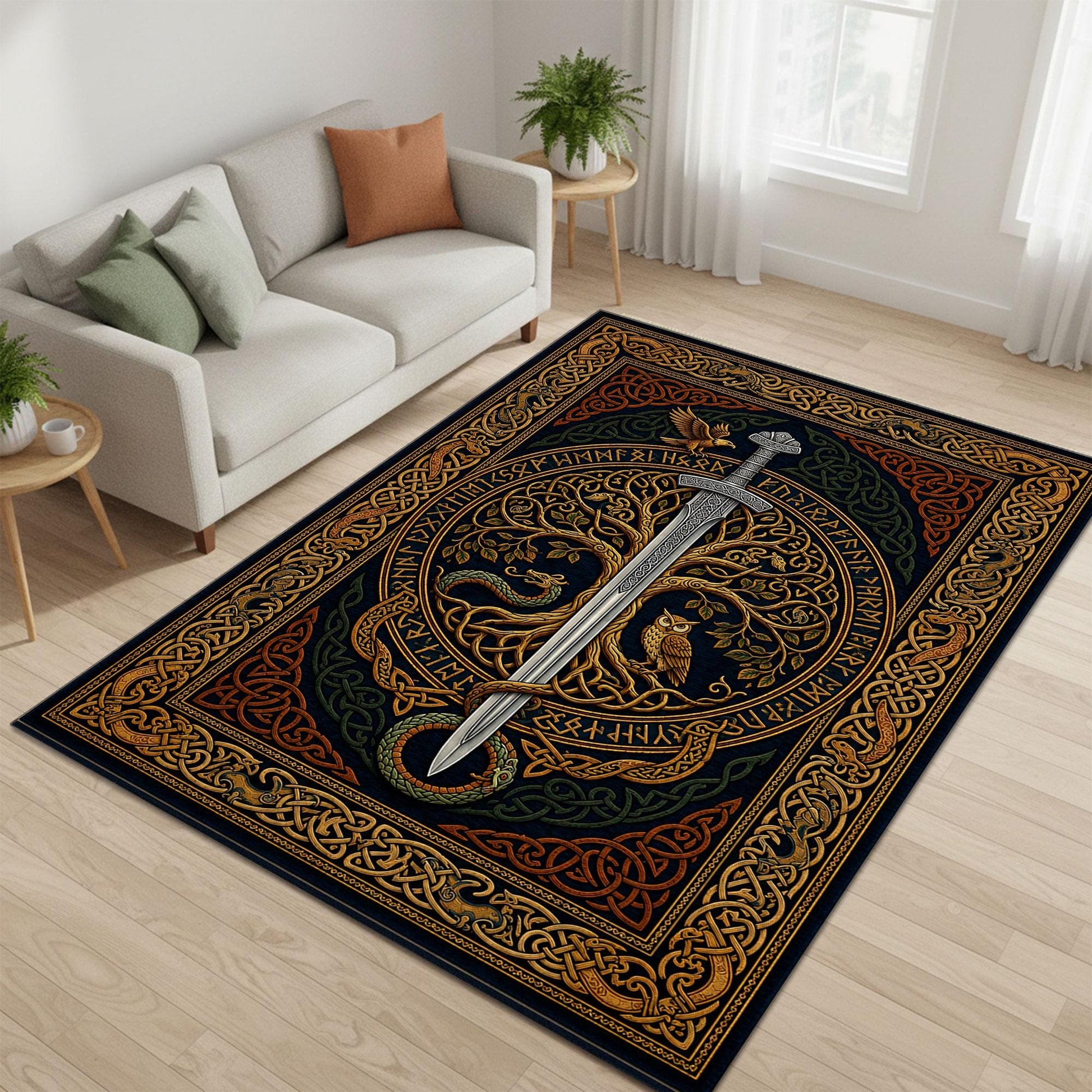 Viking Yggdrasil Tree of Life Rug - Viking Sword Rug, Norse Mythology Area Rug, Celtic Knot Decor