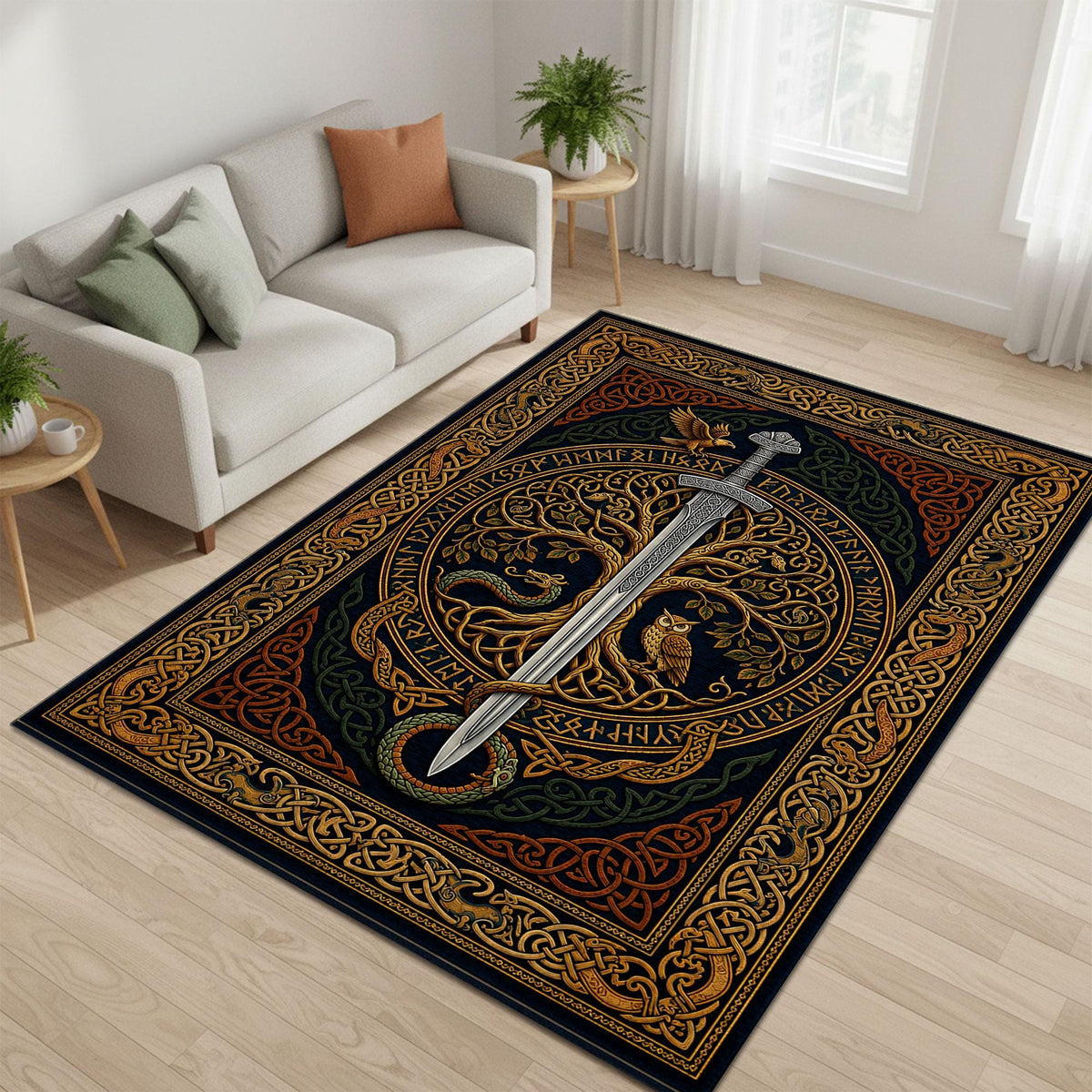 Viking Yggdrasil Tree of Life Rug - Viking Sword Rug, Norse Mythology Area Rug, Celtic Knot Decor